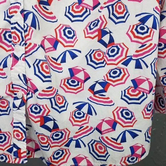 Lands End Button Up Shirt Women 2X 20-22 Cotton Roll Tab Sleeve Umbrella Print - Picture 4 of 15